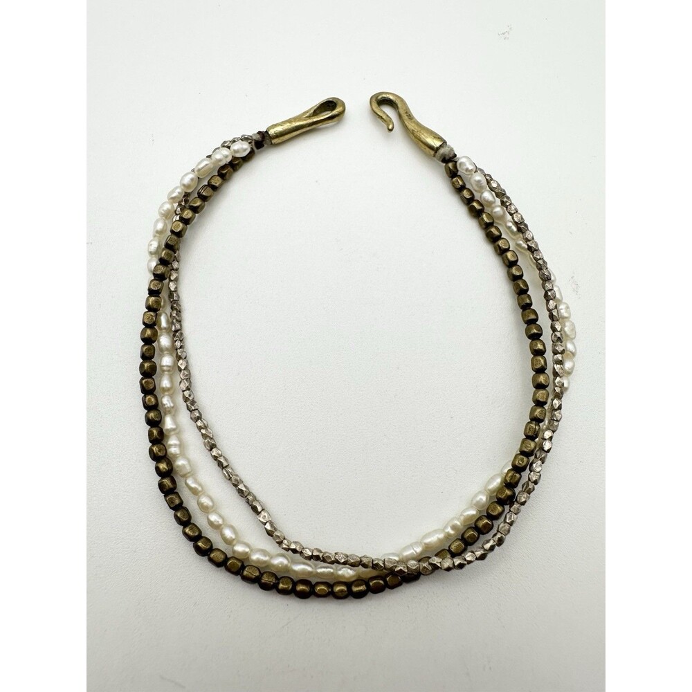 925 Sterling Silver Gold Vermeil Freshwater Pearl Bead Bracelet Multistrand 7”